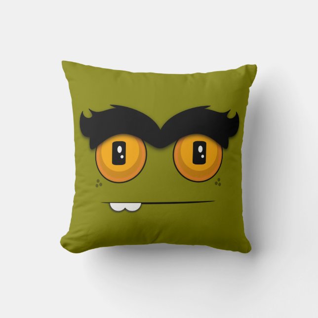 Cute Cartoon Unibrow Monster Face in Olive Green Cushion (Front)