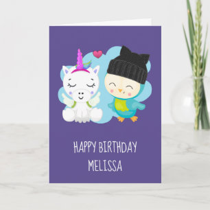 Cute Cartoon Unicorn & Bird Birthday Card