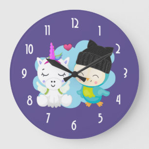 Cute Cartoon Unicorn & Bird Pals Large Clock
