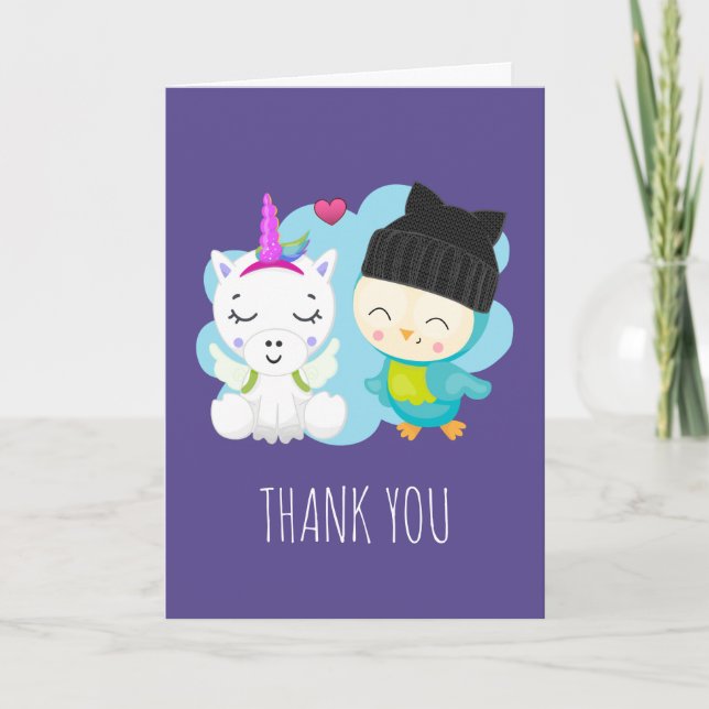 Cute Cartoon Unicorn & Bird Pals Thank You Card (Front)
