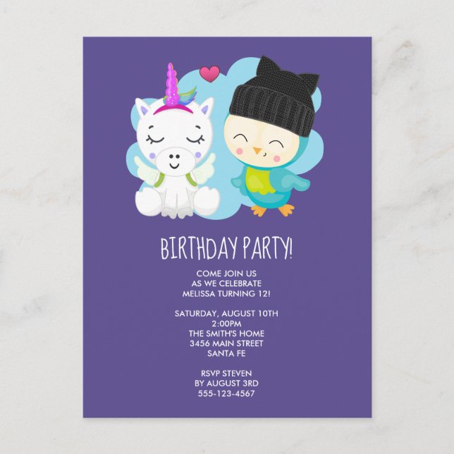 Cute Cartoon Unicorn & Birdie Birthday Postcard (Front)