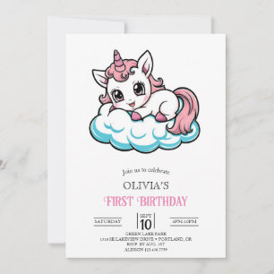 Cute Cartoon Unicorn Digital 1st Birthday Invitation