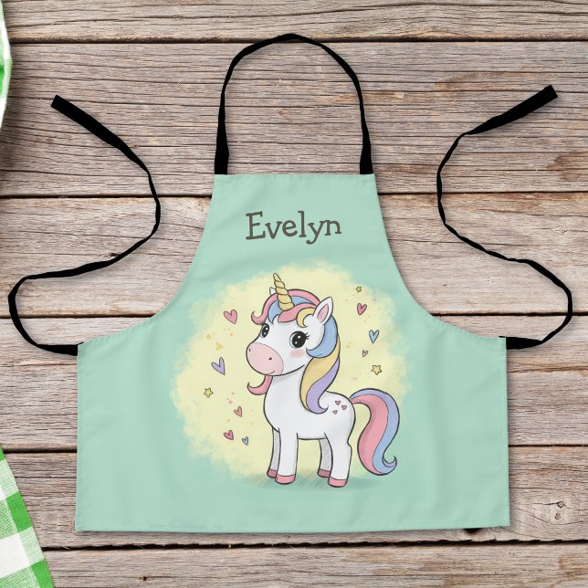 Cute Cartoon Unicorn with Rainbow Mane Apron (Creator Uploaded)