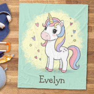 Cute Cartoon Unicorn with Rainbow Mane Fleece Blanket