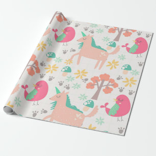Cute cartoon unicorns and birds pattern wrapping paper