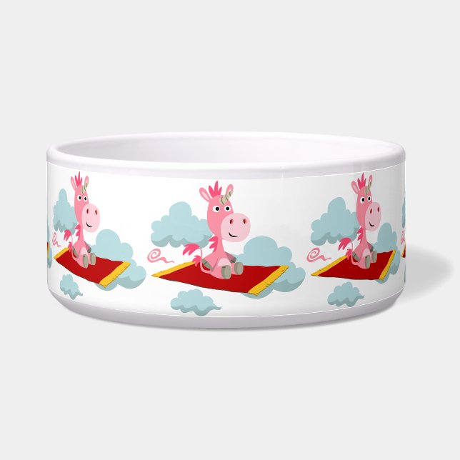 Cute Cartoon Unicorn's Magic Carpet Ride Pet Bowl (Front)