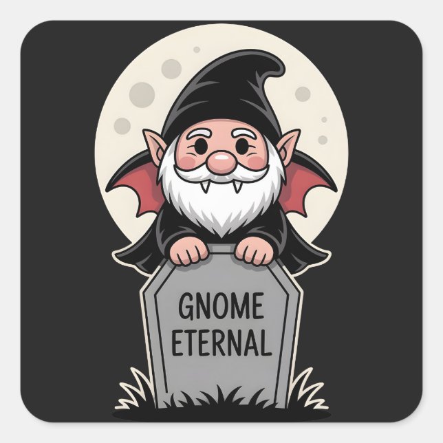 Cute Cartoon Vampire Gnome Standing at a Tombstone Square Sticker (Front)