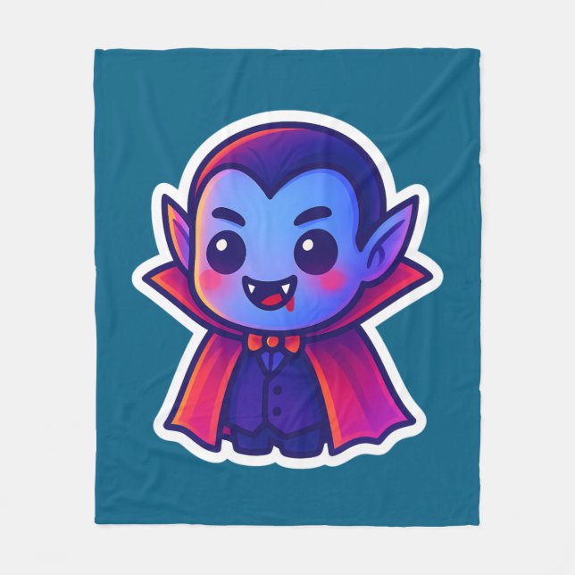 Cute Cartoon Vampire with Red Cape and Blue Skin Fleece Blanket (Front)