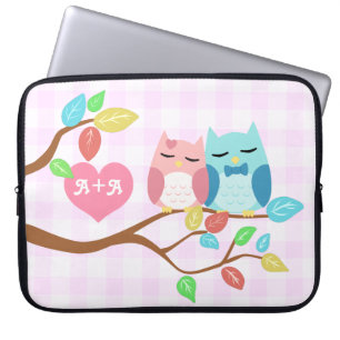 cute cartoon vector owl couple with initials laptop sleeve