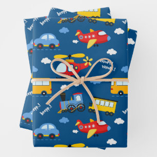 Cute Cartoon Vehicles Pattern  Wrapping Paper Sheet