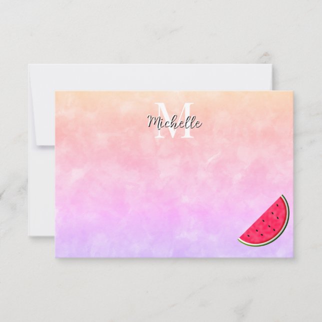 Cute Cartoon Watermelon Watercolor Custom Monogram Card (Front)