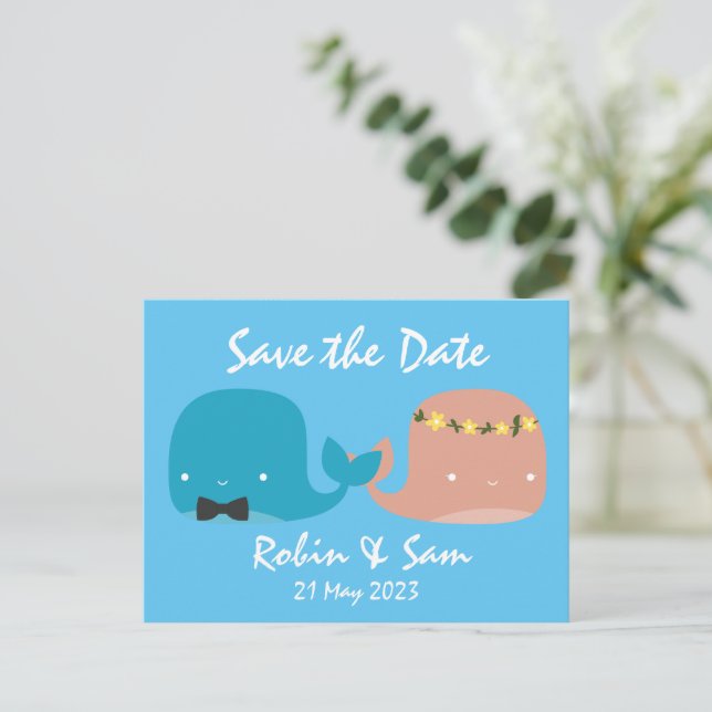 Cute Cartoon Whales Save the Date Invitation Postcard (Standing Front)