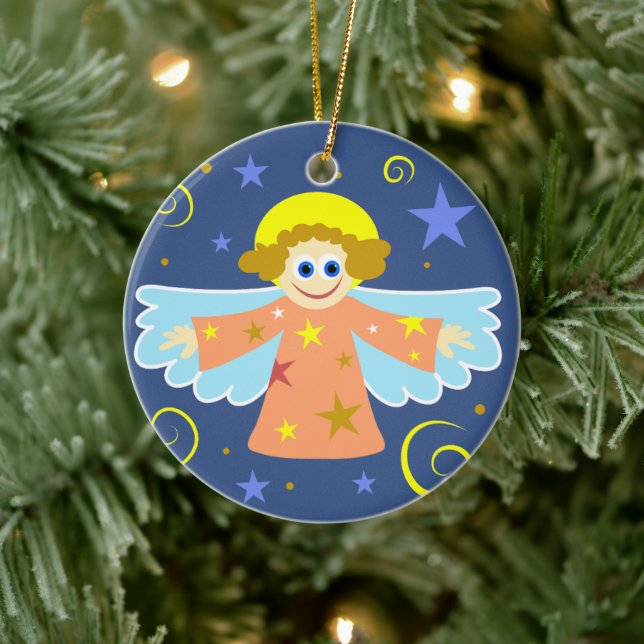 Cute Cartoon Whimsical Angel Christmas Art Ceramic Ornament (Tree)