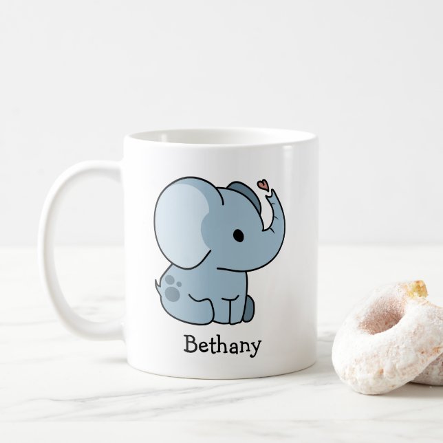 Cute Cartoon Whimsical Elephant Personalised Coffee Mug (With Donut)