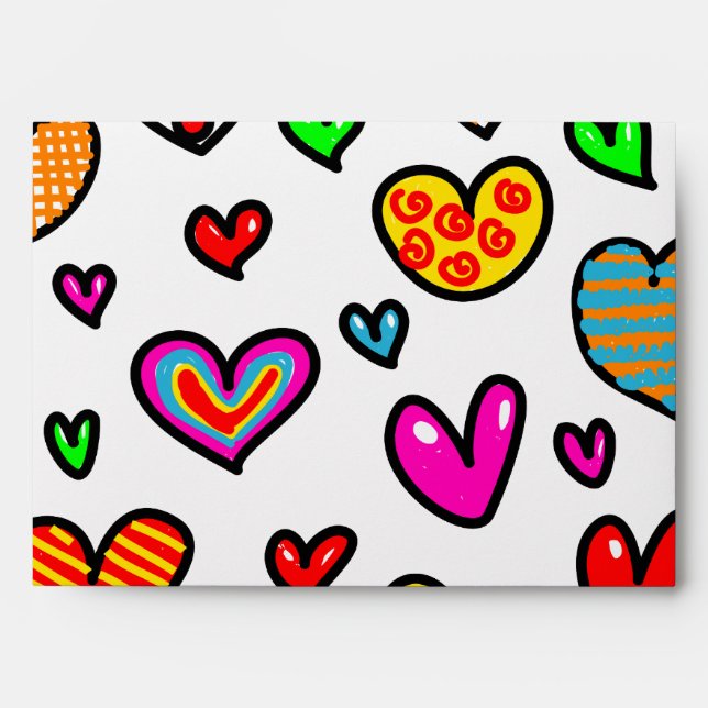 Cute Cartoon Whimsical Multi Love Heart Pattern Envelopes (Front)