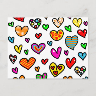 Cute Cartoon Whimsical Multi Love Heart Pattern Postcard