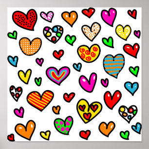 Cute Cartoon Whimsical Multi Love Heart Pattern Poster