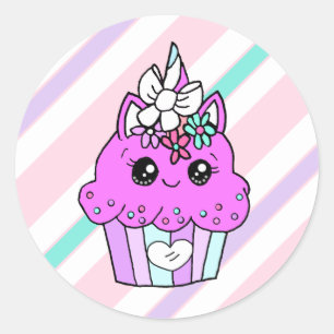 Cute Cartoon Whimsical Purple Unicorn Cupcake Classic Round Sticker