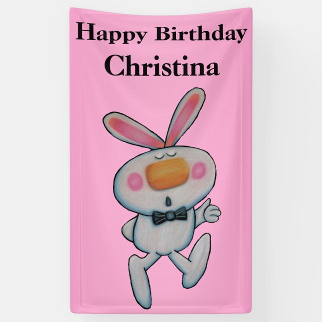 Cute Cartoon White Bunny Thumbs Up Pretty Pink Banner (Vertical)