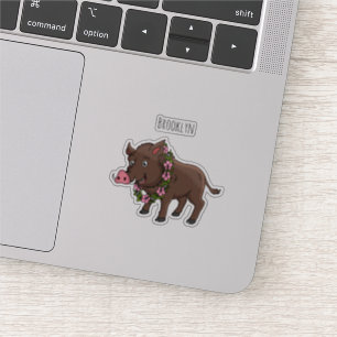 Cute cartoon wild boar and flowers