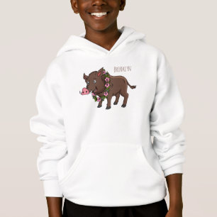 Cute cartoon wild boar and flowers