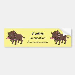Cute cartoon wild boar and flowers bumper sticker