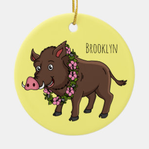 Cute cartoon wild boar and flowers ceramic ornament