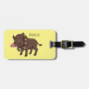 Cute cartoon wild boar and flowers luggage tag