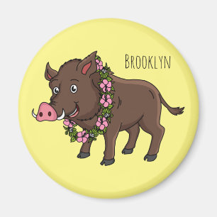Cute cartoon wild boar and flowers magnet