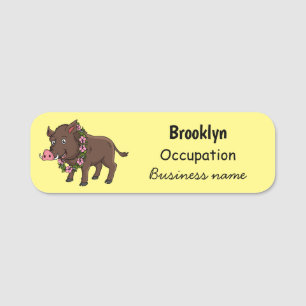 Cute cartoon wild boar and flowers name tag