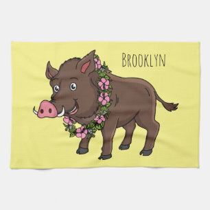 Cute cartoon wild boar and flowers tea towel