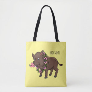 Cute cartoon wild boar and flowers tote bag