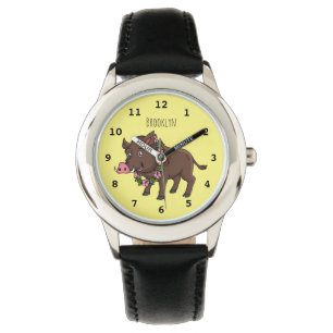 Cute cartoon wild boar and flowers watch