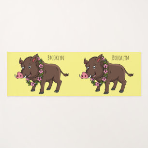 Cute cartoon wild boar and flowers yoga mat