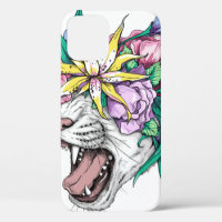 Cute cartoon wild cat head in a floral wreath. Bea