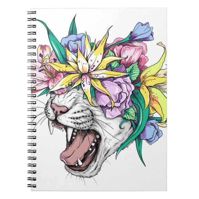 Cute cartoon wild cat head in a floral wreath. Bea Notebook (Front)