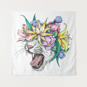 Cute cartoon wild cat head in a floral wreath. Bea Tapestry