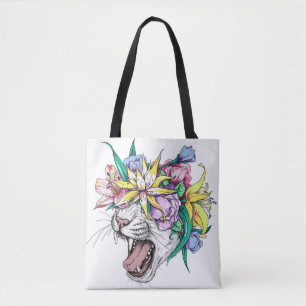 Cute cartoon wild cat head in a floral wreath. Bea Tote Bag