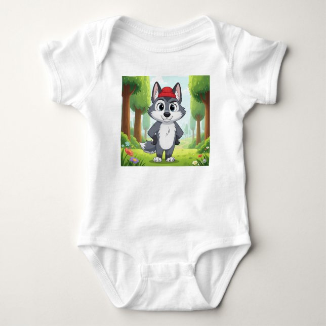 "Cute Cartoon Wolf Baby Bodysuit – Forest Walk  (Front)