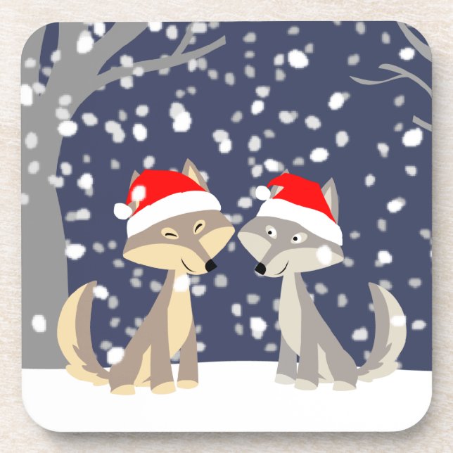 Cute Cartoon Wolves at Christmas Set of Coasters (Front)