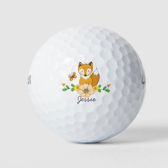 Cute Cartoon Woodland Fox and Flower Custom Name Golf Balls (Front)