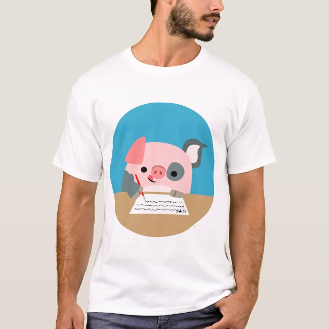 Cute Cartoon Writing Pig Children T-Shirt (Front)