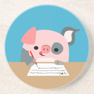 Cute Cartoon Writing Pig Coaster