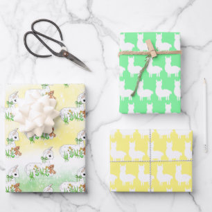 Cute Cartoon Yellow and Green Llama Wrapping Paper Sheet