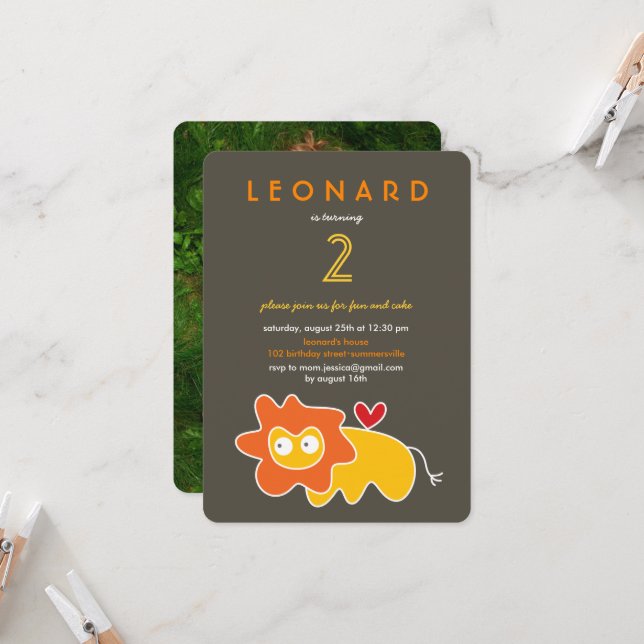 Cute Cartoon Yellow Lion Kids Photo Birthday Party Invitation (Front/Back In Situ)