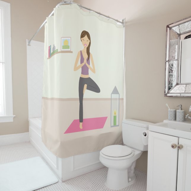 Cute Cartoon Yoga Woman In Tree Pose Shower Curtain (In Situ)