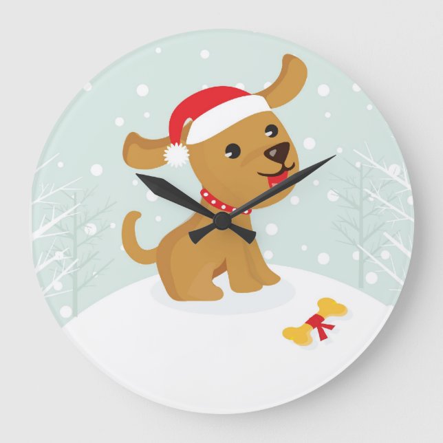 Cute Cartoone Christmas Puppy Large Clock (Front)