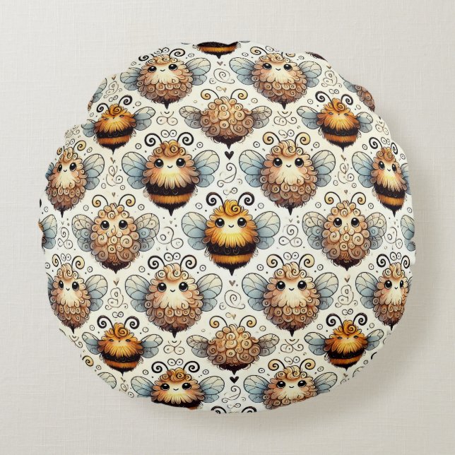 Cute, cartoonish bee round cushion (Front)