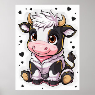 Cute cartoonish cow with large expressive eyes poster