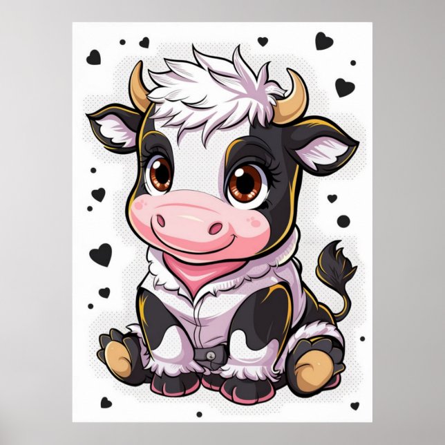 Cute cartoonish cow with large expressive eyes poster (Front)